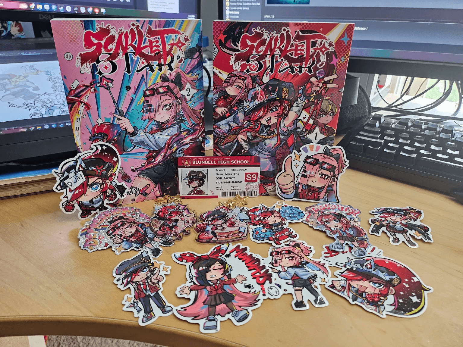 Scarlet Star manga volumes, character charms, stickers, and bonus collectibles
